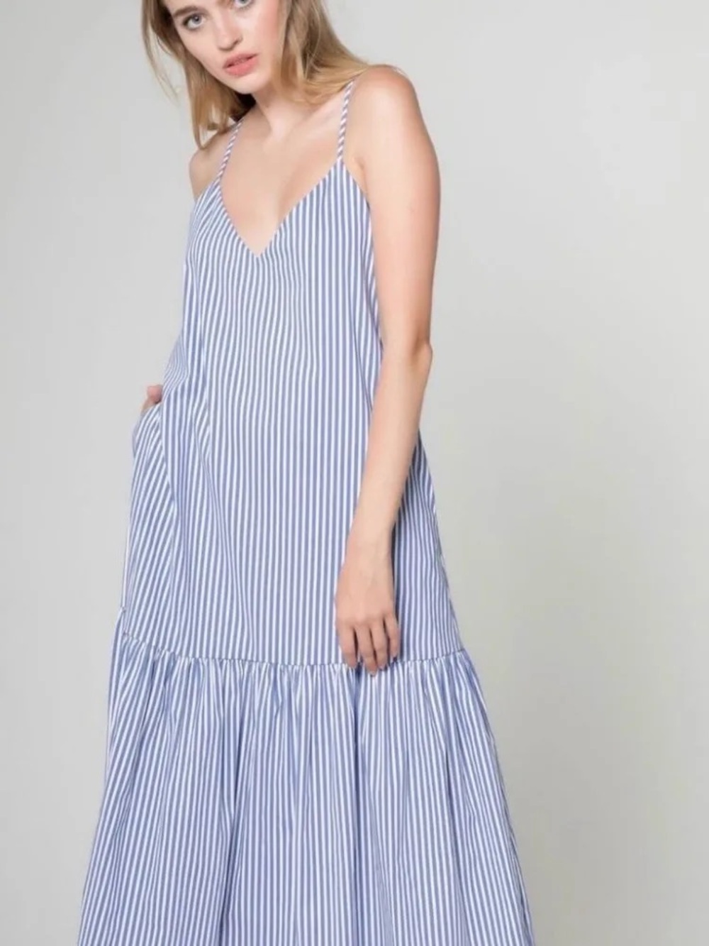 Lavender Brown Blue & White Striped Maxi Dress with Spaghetti Straps